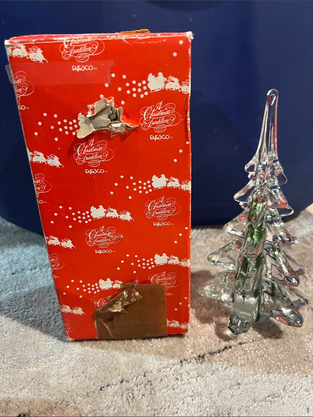 Vintage Enesco Clear Glass Christmas Tree with Green Accents z29